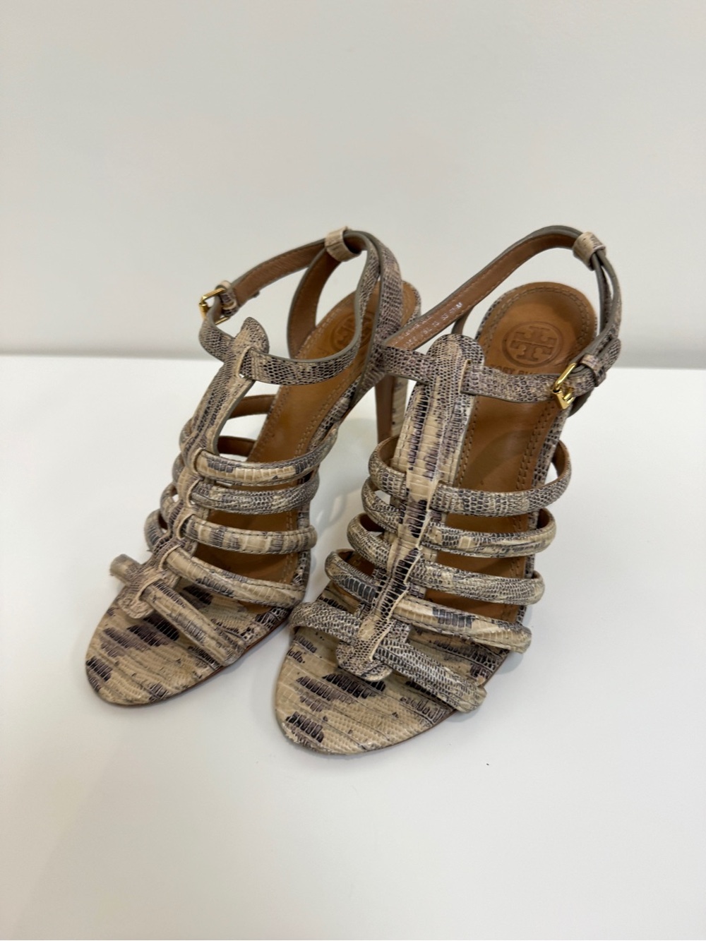 Tory Burch Charlene Cream Snake Embossed Leather Caged Heeled Sandals 6.5 Shoes
